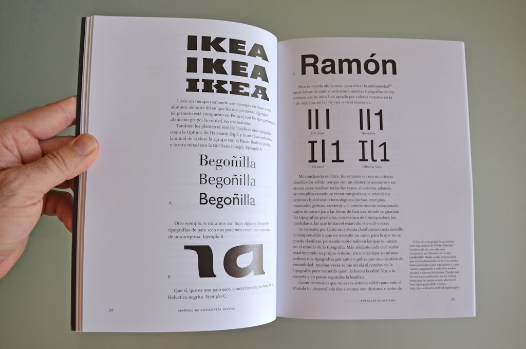 Doble página del manual de tipografía digital, que trata sobre las clasificaciones tipográficas